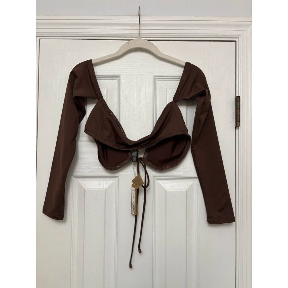 SKIMS Chocolate Brown Long Sleeve Bikini Top Off Shoulder Swimwear NWT Medium